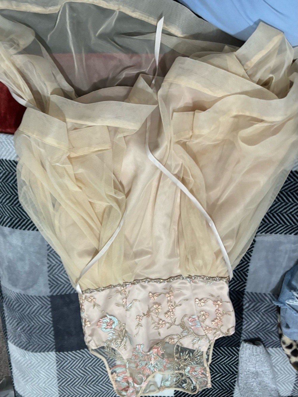 Lulu's Champagne Tulle Dress with Pastel Embroidery